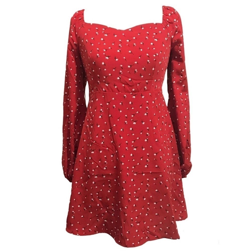 SHEIN Teen Girls Red Ditsy Floral Sweetheart Neck Dress Puff Sleeves Size 12/13Y